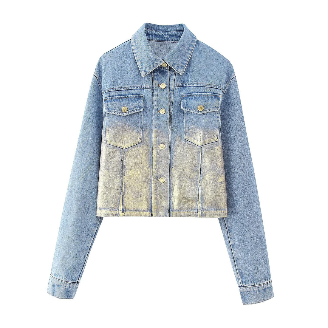 Damen Kurze Denim-Jacke mit Metallic-Finish und aufgesetzten Brusttaschen Echoarchiv