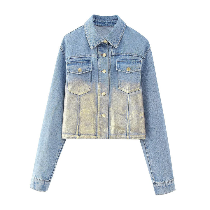 Damen Kurze Denim-Jacke mit Metallic-Finish und aufgesetzten Brusttaschen Echoarchiv