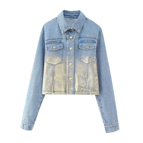 Damen Kurze Denim-Jacke mit Metallic-Finish und aufgesetzten Brusttaschen Echoarchiv