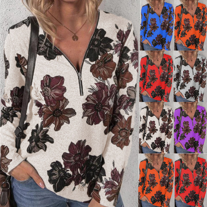 Damen lockeres V-Ausschnitt Longsleeve-Shirt mit kurzem Reißverschluss und floralem Allover-Druck – Orélia