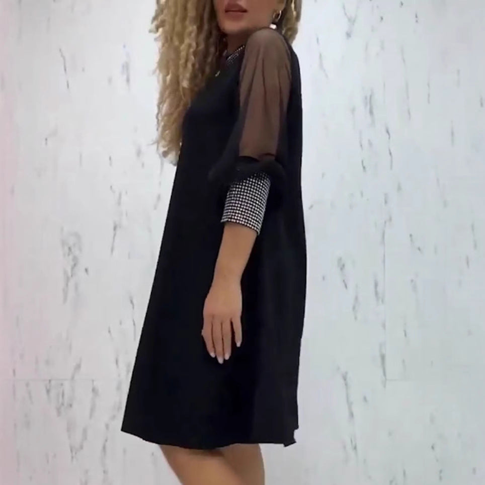 Damen nan A-Linien-Kurzkleid mit transparenten Mesh-Ärmeln und schmuckbesetztem Kragen Echo Archiv