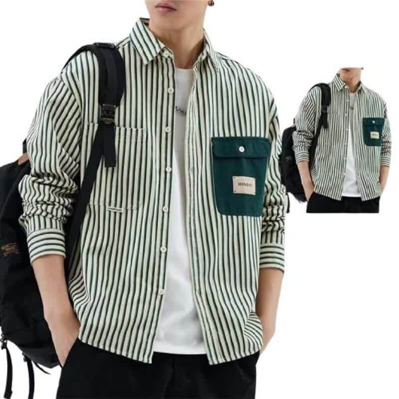 Herren Gestreiftes Overshirt im Workwear-Stil mit kontrastierter Brusttasche Echoarchiv