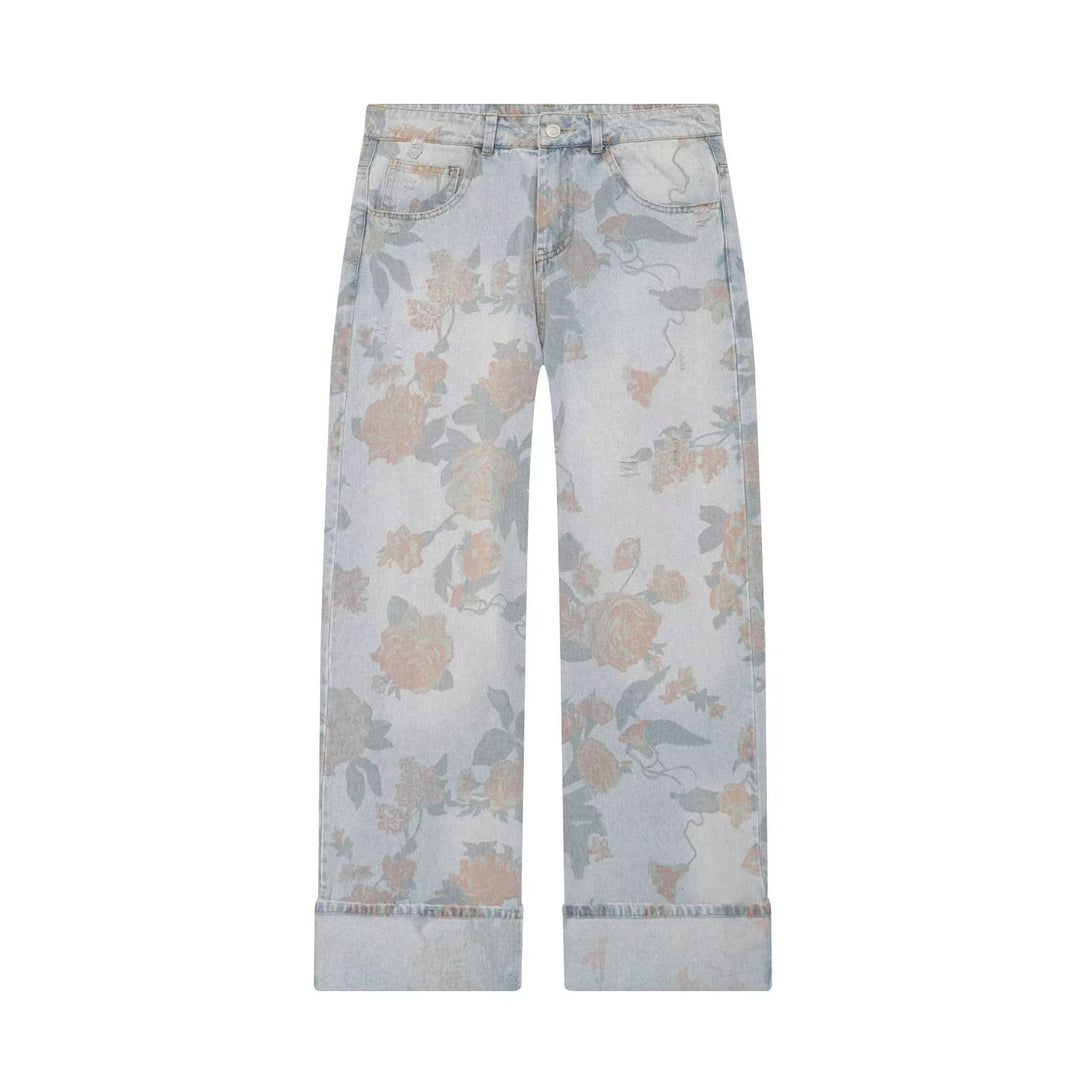 Damen Highwaist-Jeans mit weitem Bein, floralem Allover-Print und Umschlag Echo Archiv