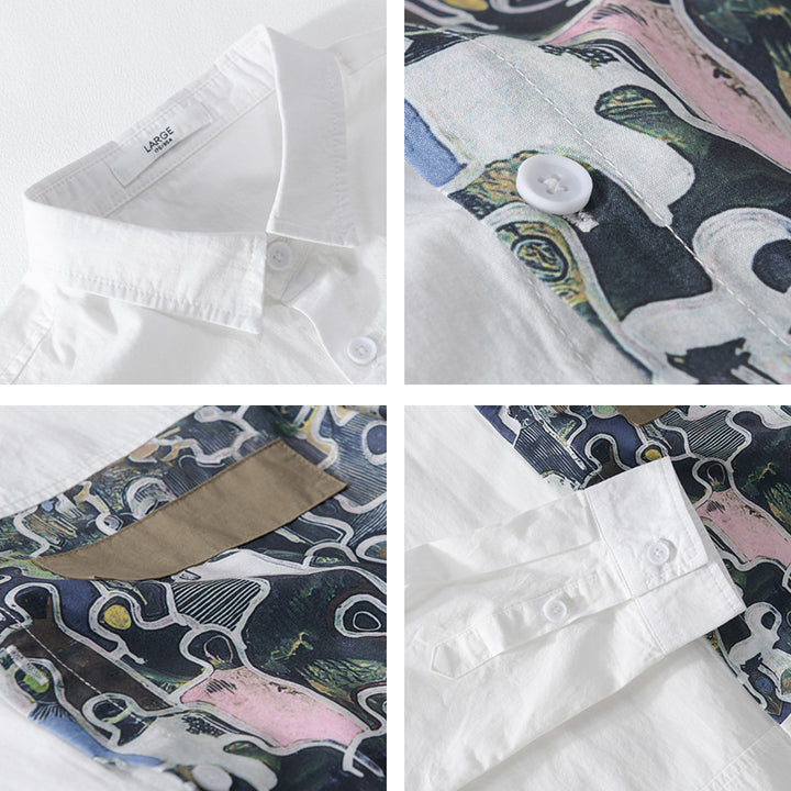 Herren Baumwollhemd mit großem Kunst-Print-Brustpatch und Kentkragen Echoarchiv