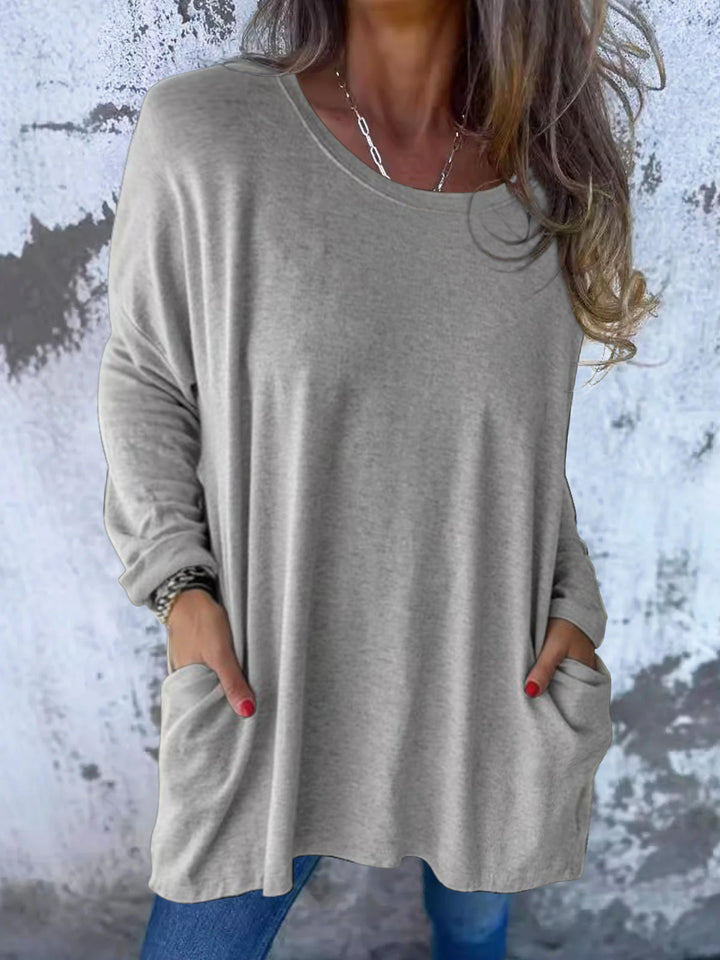 Damen Weiches Oversize Langarmshirt mit Rundhalsausschnitt, Lässigen Ärmeln und Seitentaschen – Avérine