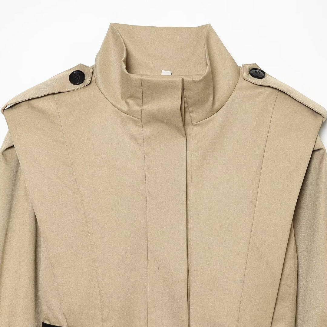 Damen Kurzer Cape‑Trench mit hohem Funnelkragen und Taillengürtel Echoarchiv