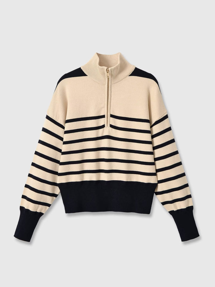 Damen Gestreifter Strickpullover mit halbem Reißverschluss und Stehkragen Echoarchiv