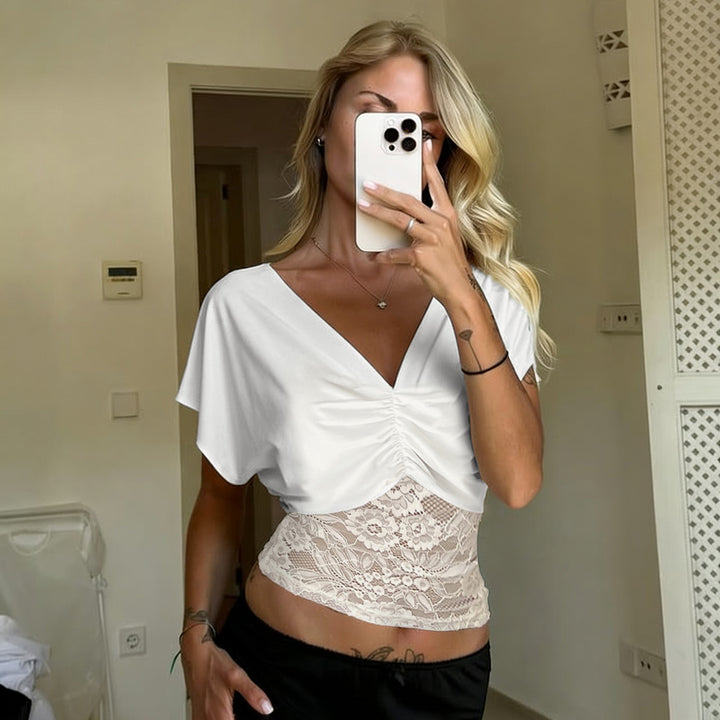 Damen elegantes Oberteil mit Spitze und Raffung Echo Archiv