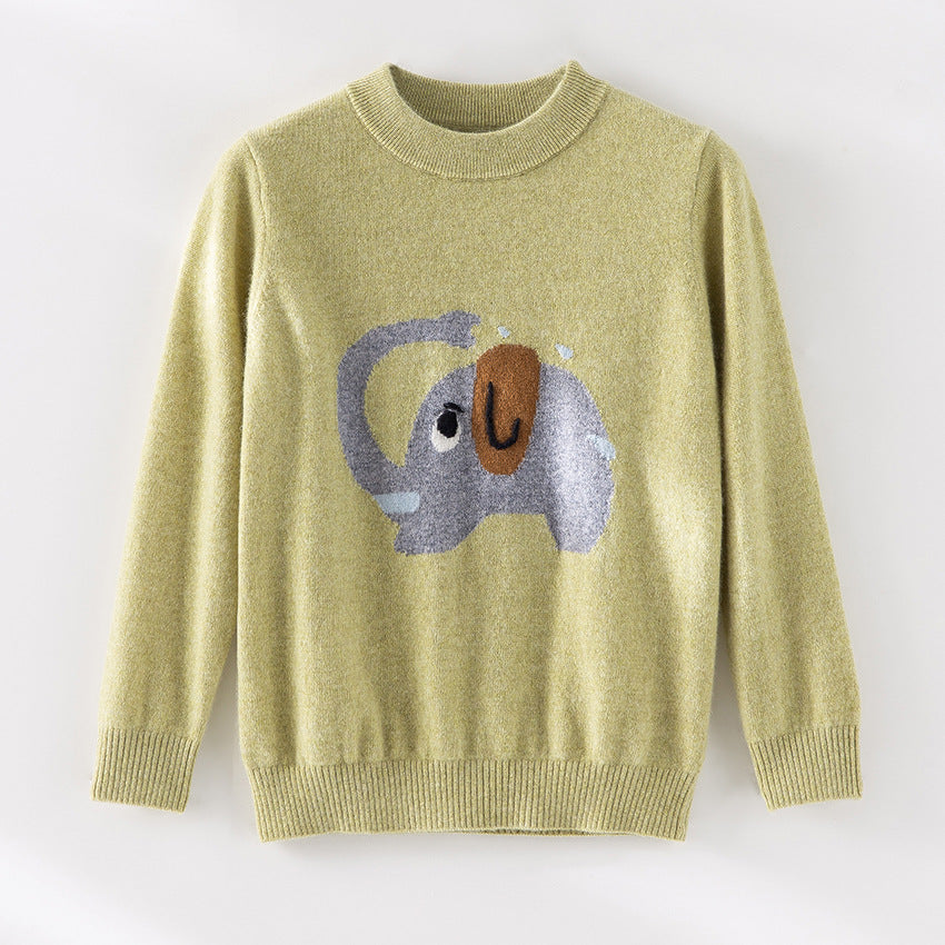 Damen Feinstrick-Pullover mit plüschiger Elefanten-Intarsia und Rippbündchen Echoarchiv