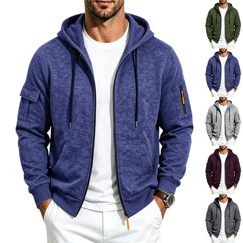 Herren Kapuzen-Sweatjacke aus meliertem French-Terry mit Reißverschluss und Ärmeltasche – Cavarno