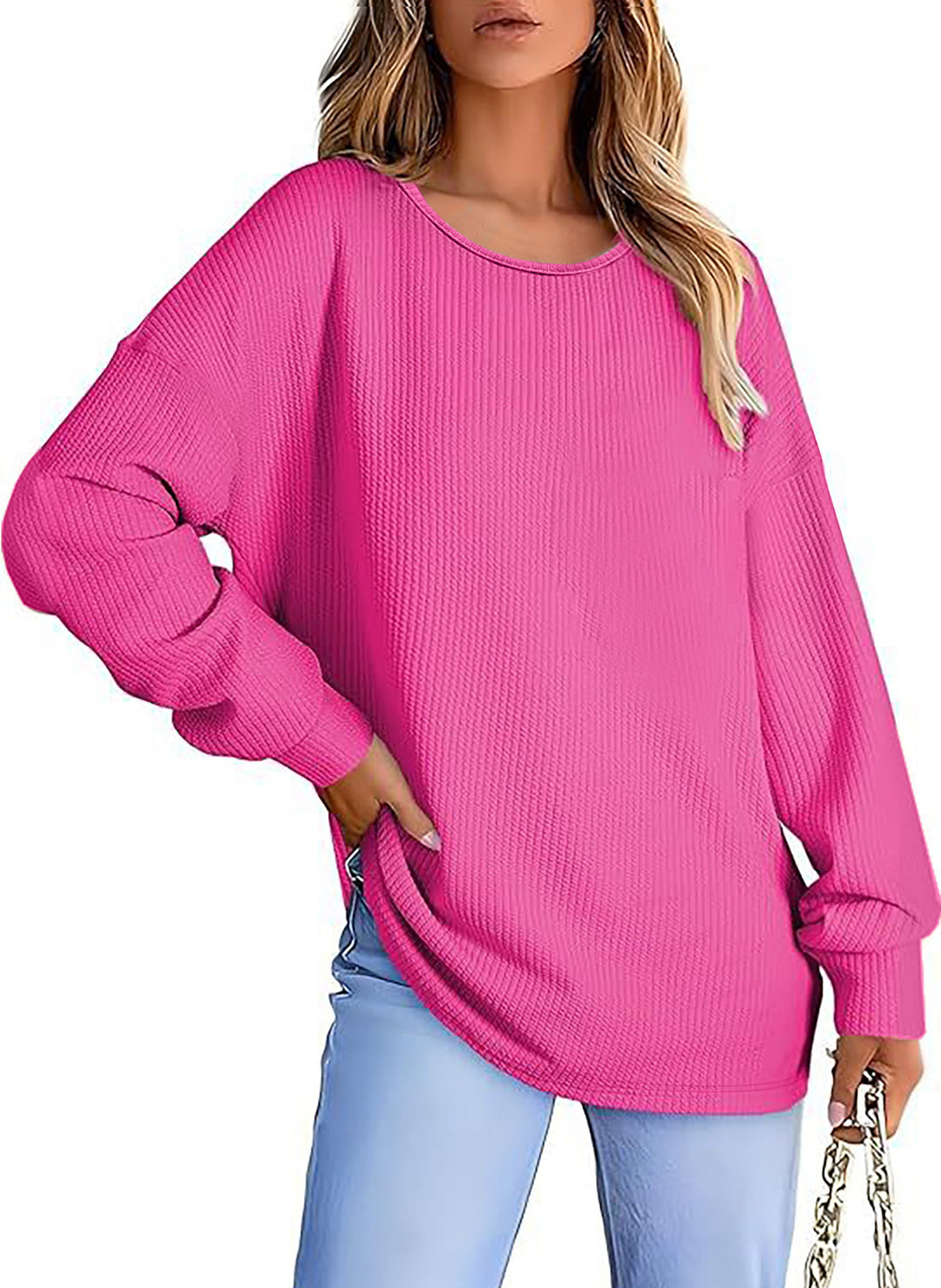 Damen Oversize Waffelstrickpullover mit Rundhals, Ballonärmeln und verlängertem Saum Echoarchiv