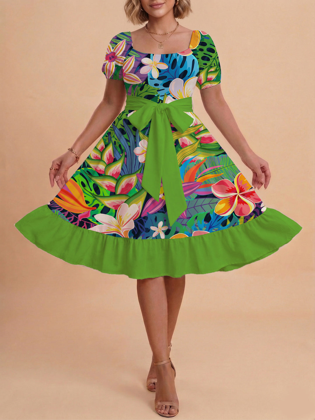 Damen modernes Blumenkleid mit elegantem Taillengürtel und asymmetrischem Saum Echo Archiv
