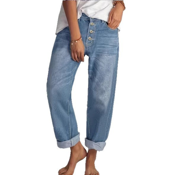 Damen High‑Waist Relaxed-Fit Jeans im Boyfriend-Stil mit Sichtbarer Knopfleiste und Aufgekrempeltem Saum Echo Archiv