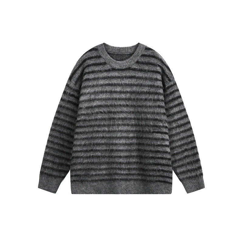 Unisex Oversize Gestreifter Flauschpullover mit Rundhalsausschnitt Echoarchiv