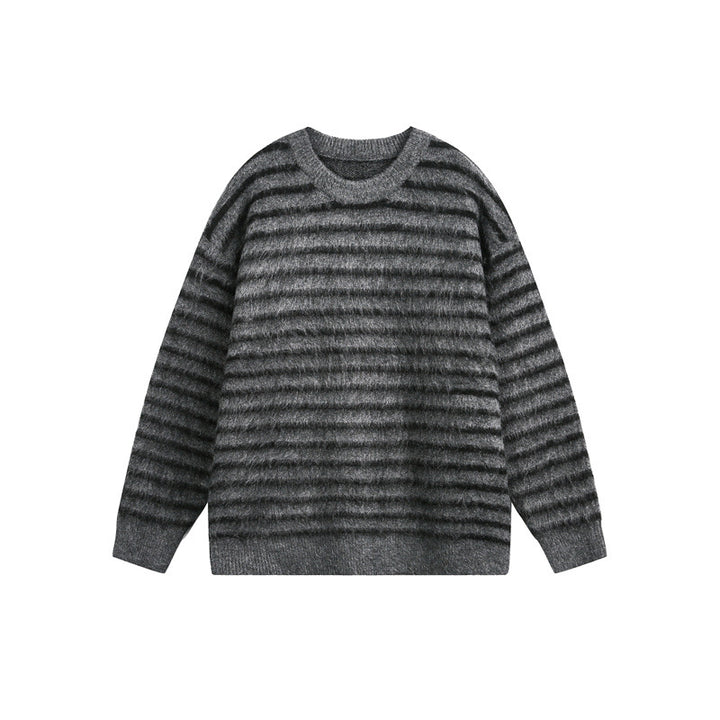 Unisex Oversize Gestreifter Flauschpullover mit Rundhalsausschnitt Echoarchiv