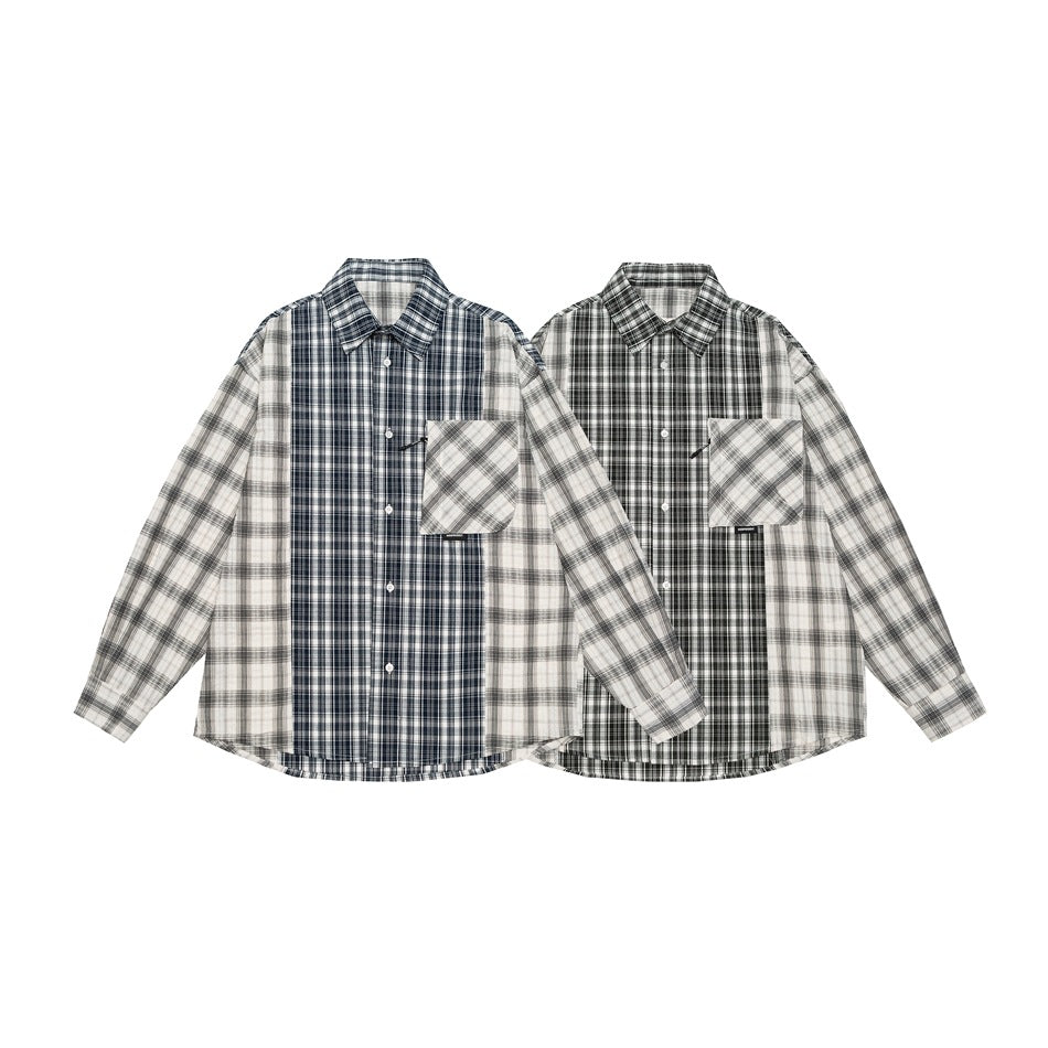 Unisex Kariertes Overshirt im Patchwork-Look mit Brusttasche Echoarchiv