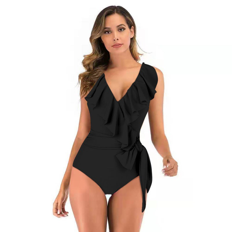 Damen Einteiliger Badeanzug mit raffinierten Rüschendetails und eleganter Schleife Echo Archiv