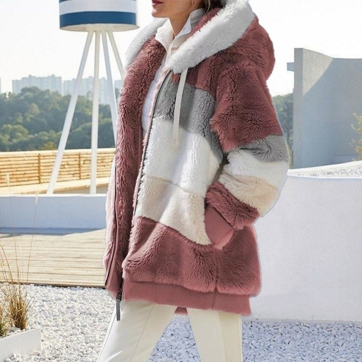 Damen nan Oversize Teddyfell-Kapuzenjacke mit Farbblock-Streifen, hochwertigem Reißverschluss und gerippten Bündchen Echo Archiv