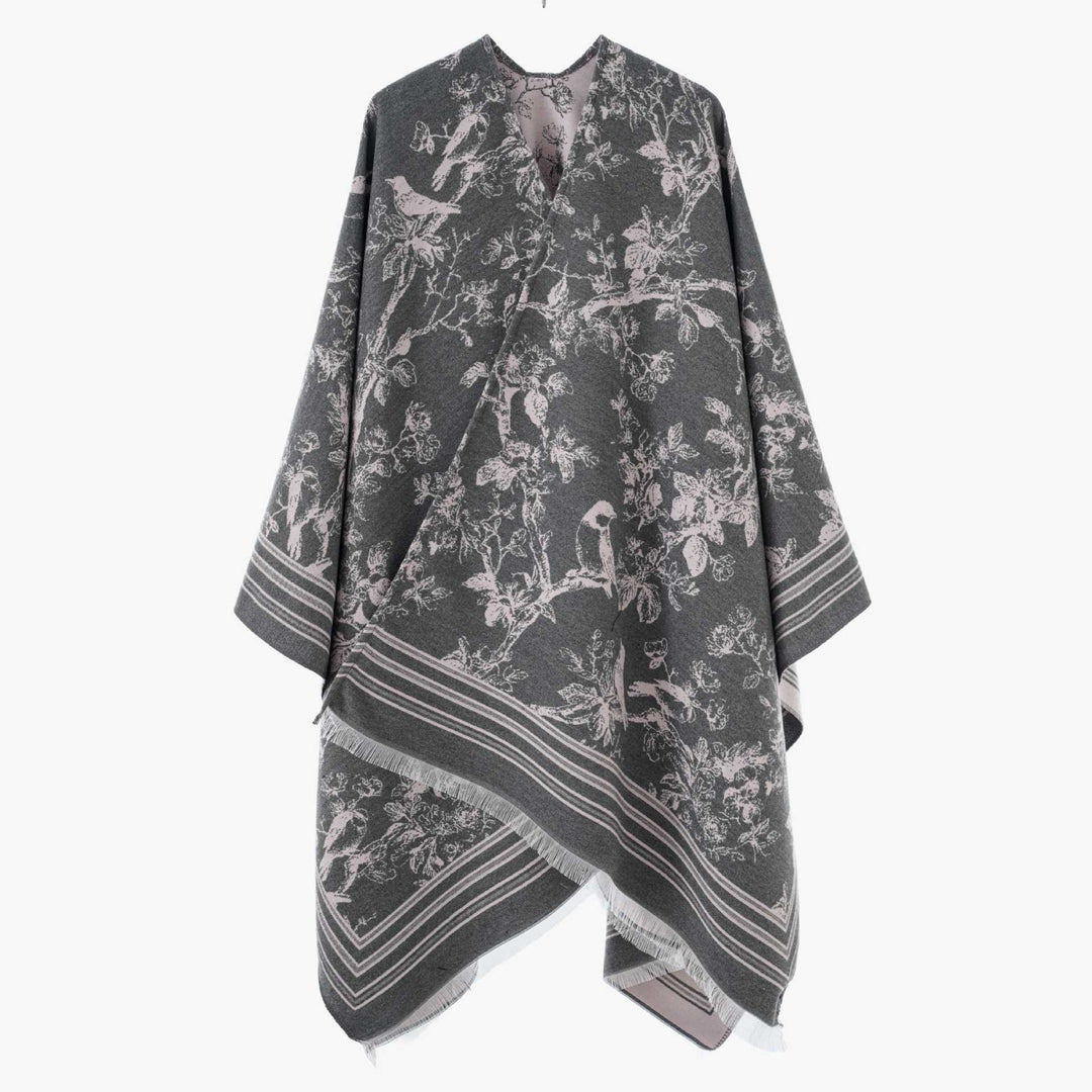 Damen Jacquard‑Poncho im Kimono‑Stil mit Vogel‑Blütenmuster – Avérine