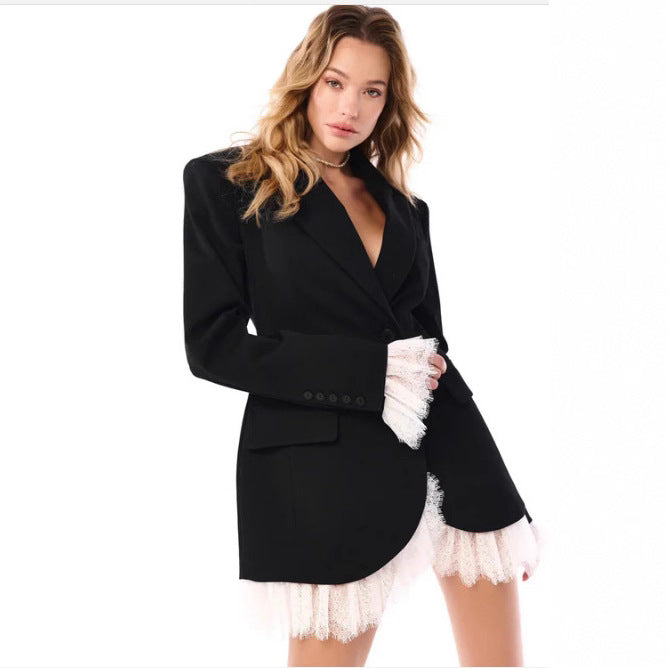 Damen nan längerer taillierter Blazer-Mantel mit Reverskragen und Pattentaschen Echo Archiv