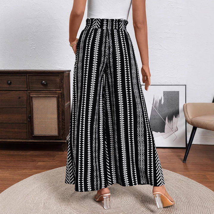 Damen Weite Palazzo-Hose mit hohem Smockbund, Seitentaschen & grafischem Streifenmuster – Avérine