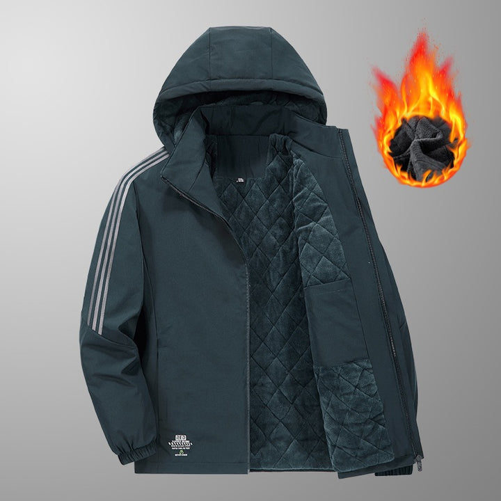 Herren Wattierte Kapuzen-Übergangsjacke mit gesteppter Teddy-Innenfütterung und markanten Ärmellängsstreifen Echoarchiv