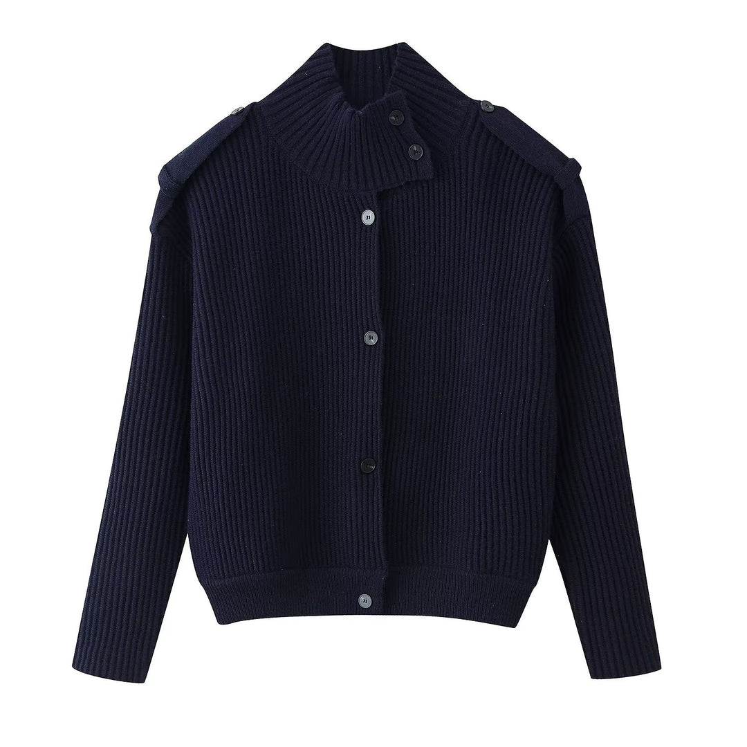 Damen Strukturstrick-Cardigan mit Stehkragen, Knopfleiste und Schulterpatten Echo Archiv