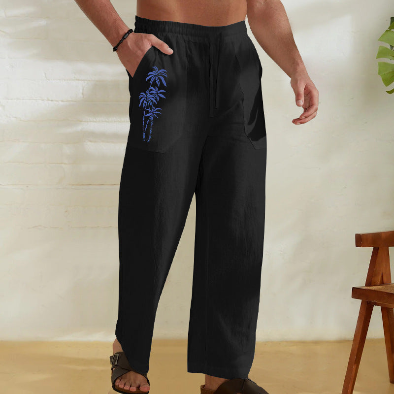 Herren Bequeme Leinenhose mit praktischem Kordelzug und Palmendruck Echoarchiv