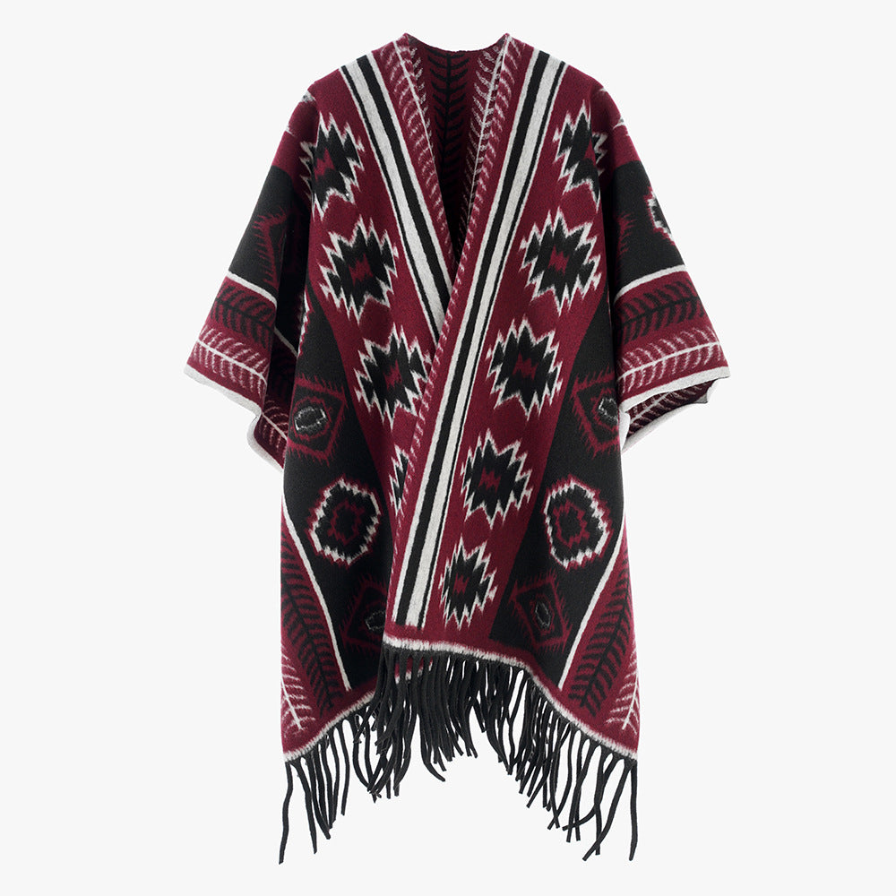 Damen Azteken‑inspiriertes Fransen‑Poncho‑Cape im Oversize‑Rechteckschnitt – Avérine