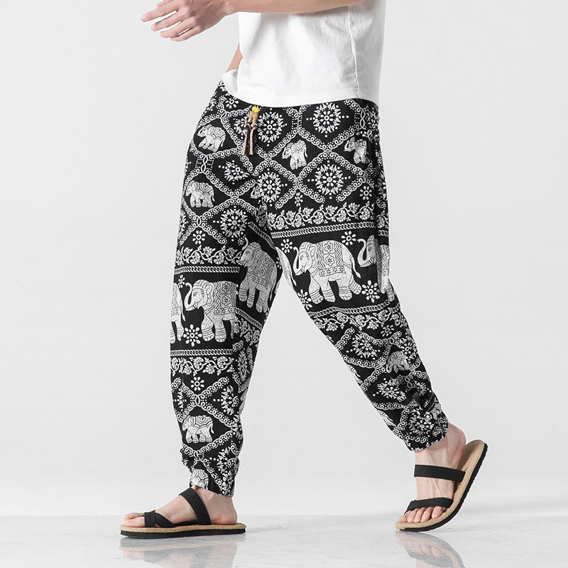 Unisex nan lässige Boho-Haremshose mit Elefantenmuster, elastischem Bund und Bündchen Echo Archiv