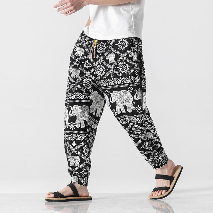 Unisex nan lässige Boho-Haremshose mit Elefantenmuster, elastischem Bund und Bündchen Echo Archiv
