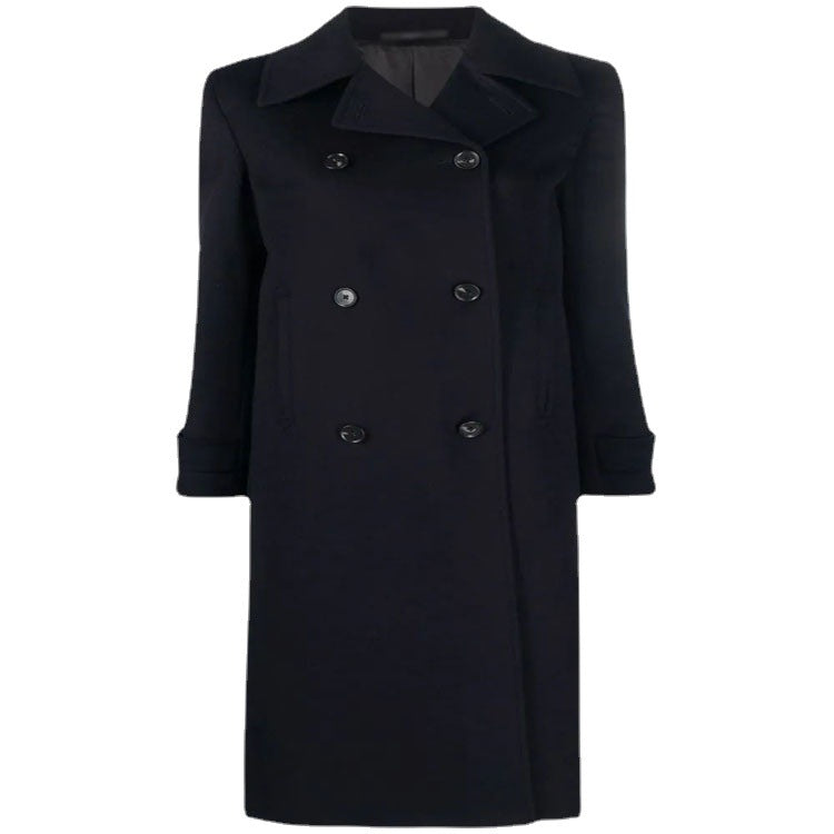 Damen Figurnaher Zweireihiger Wollmix-Longcoat mit fallendem Revers Echoarchiv