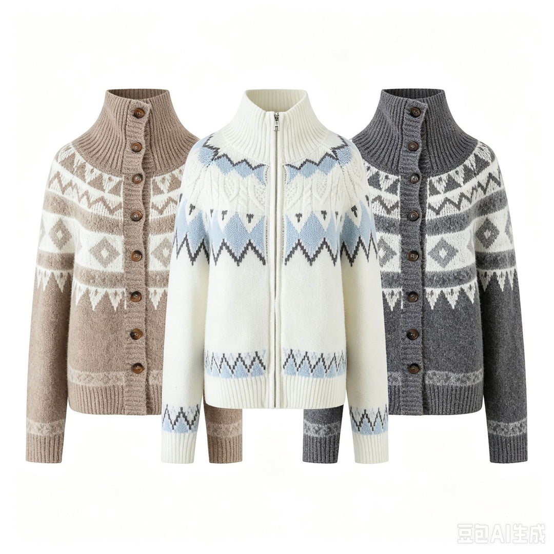 Damen Strickjacke mit durchgehendem Reißverschluss, Rippkragen und Norweger-Muster Echo Archiv