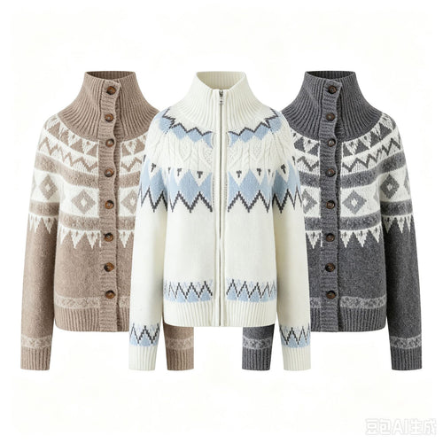 Damen Strickjacke mit durchgehendem Reißverschluss, Rippkragen und Norweger-Muster Echo Archiv