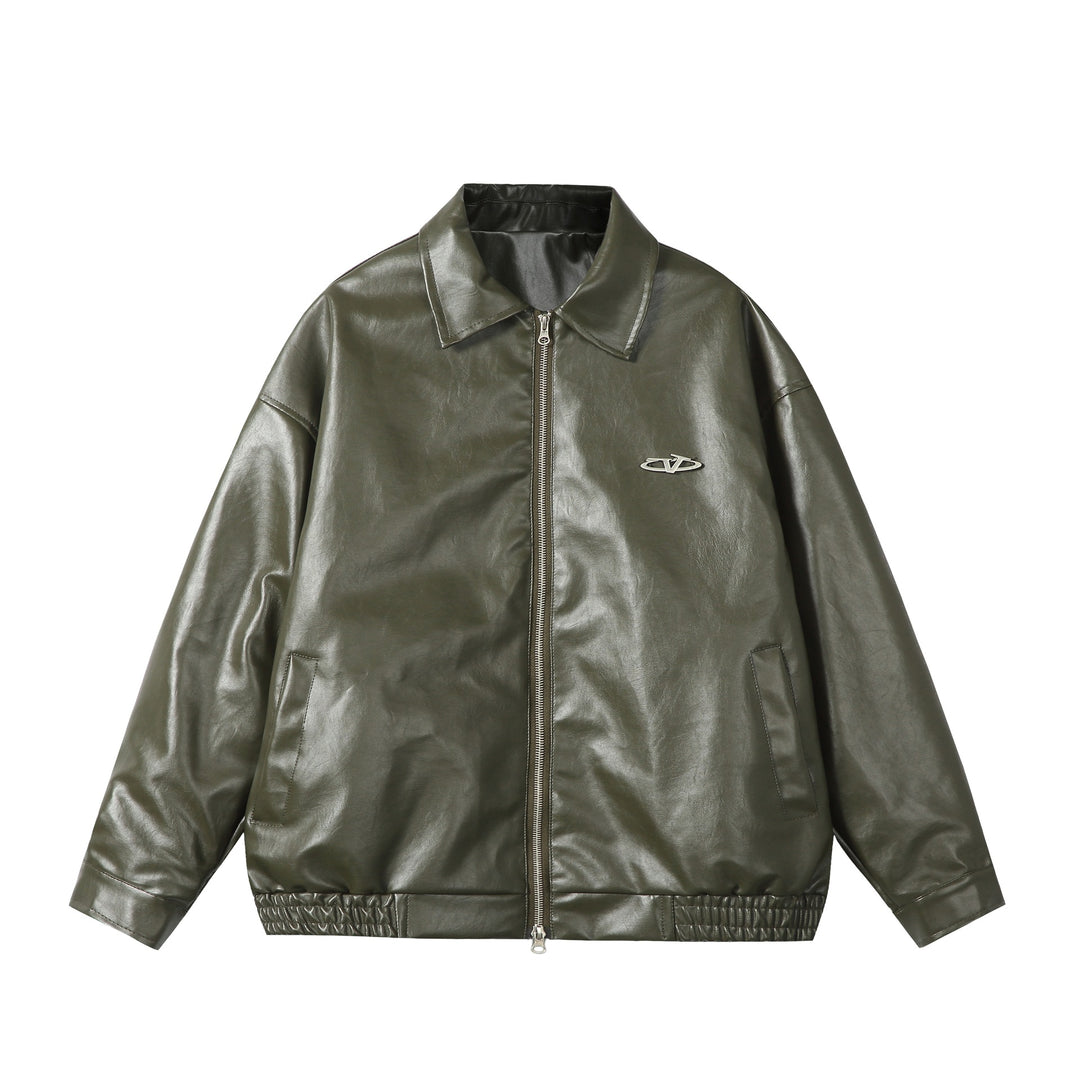 Damen Oversize Glattleder‑Optik Blousonjacke mit elastischem Saum und Metall‑Logo Echoarchiv