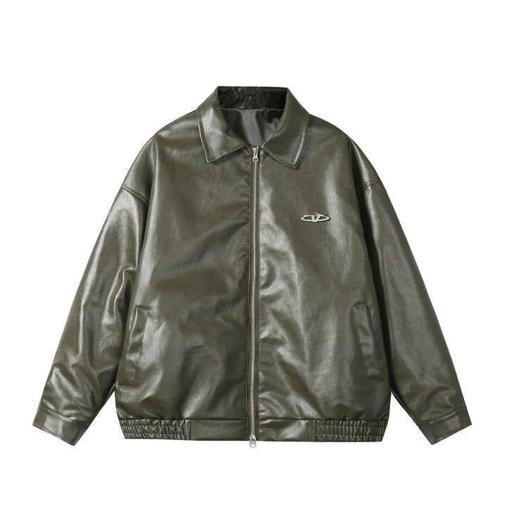 Damen Oversize Glattleder‑Optik Blousonjacke mit elastischem Saum und Metall‑Logo Echoarchiv