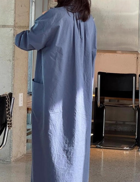 Damen Langes Oversize-Hemdblusenkleid aus Baumwollpopeline mit seitlichen Eingrifftaschen und Rückenpasse – Valéora