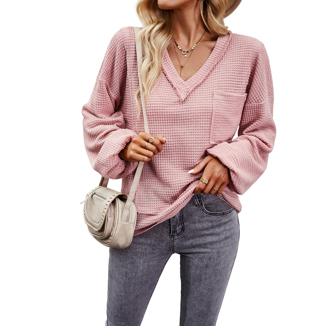 Damen nan Waffelstruktur V‑Neck Pullover mit aufgesetzter Brusttasche und überschnittenen Ärmeln Echo Archiv
