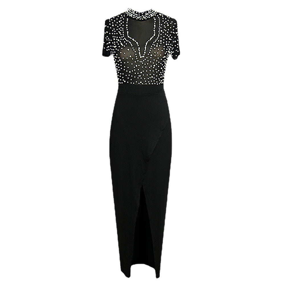 Damen elegantes Maxikleid mit transparentem Oberteil und schimmernden Perlen Echo Archiv