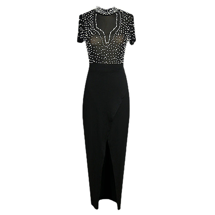 Damen elegantes Maxikleid mit transparentem Oberteil und schimmernden Perlen Echo Archiv