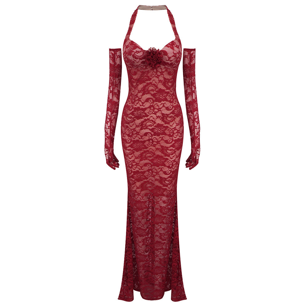 Damen Elegantes Spitzenkleid mit Langärmeln und Blumenapplikationen Echo Archiv