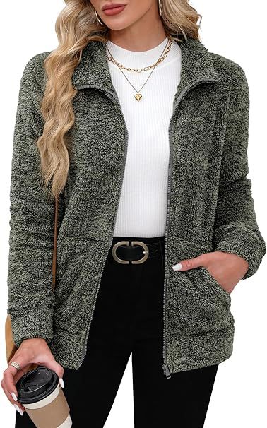 Damen kuschelige Teddy-Fleecejacke mit durchgehendem Reißverschluss, Stehkragen und seitlichen Eingrifftaschen – Célinea