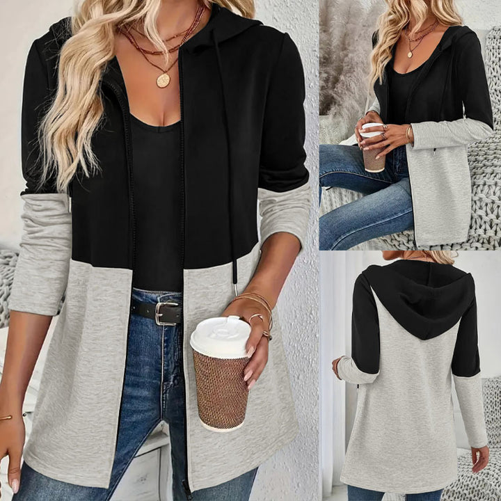 Damen Kapuzen-Sweatjacke mit Colorblock, Reißverschluss und lässiger Longline-Silhouette Echoarchiv