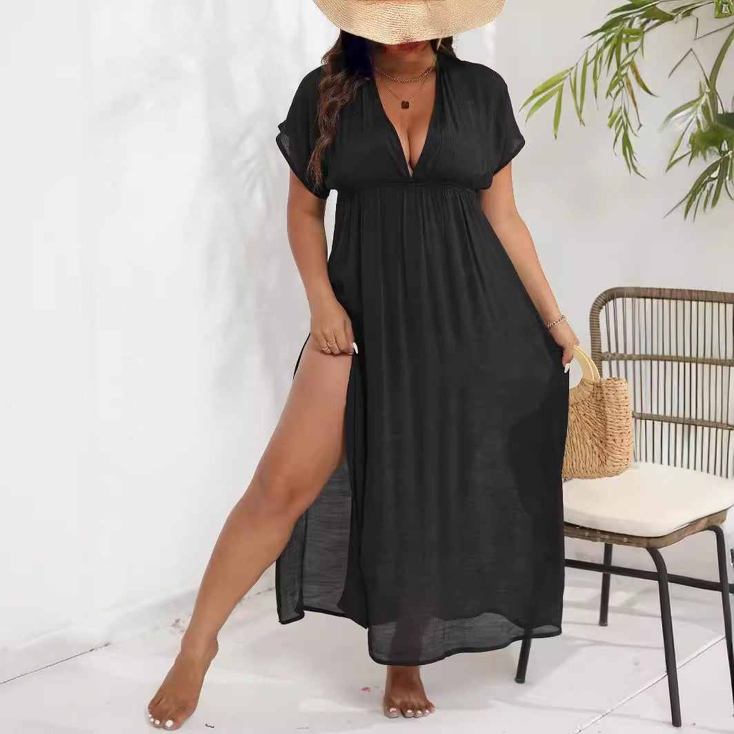 Damen luftiges Maxikleid mit tiefem V-Ausschnitt und seitlichen Schlitzen Echo Archiv