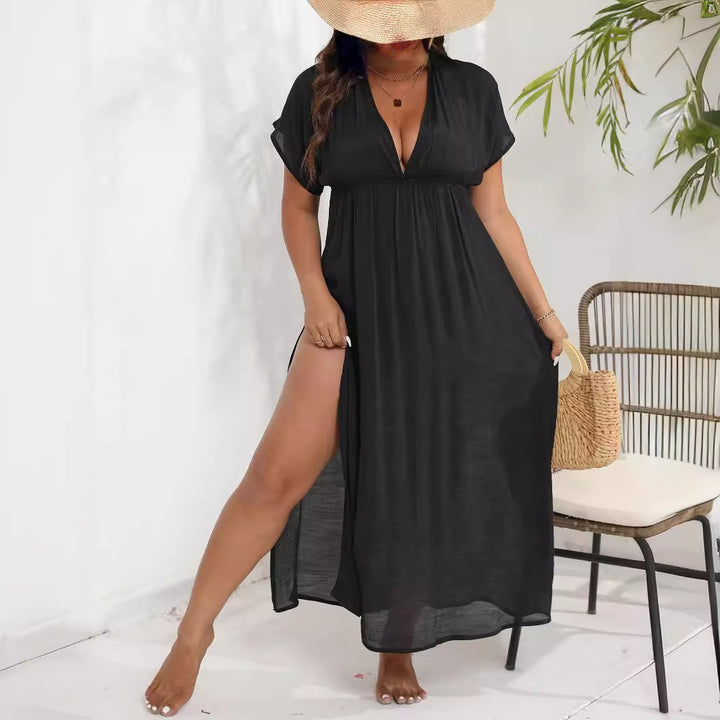 Damen luftiges Maxikleid mit tiefem V-Ausschnitt und seitlichen Schlitzen Echo Archiv