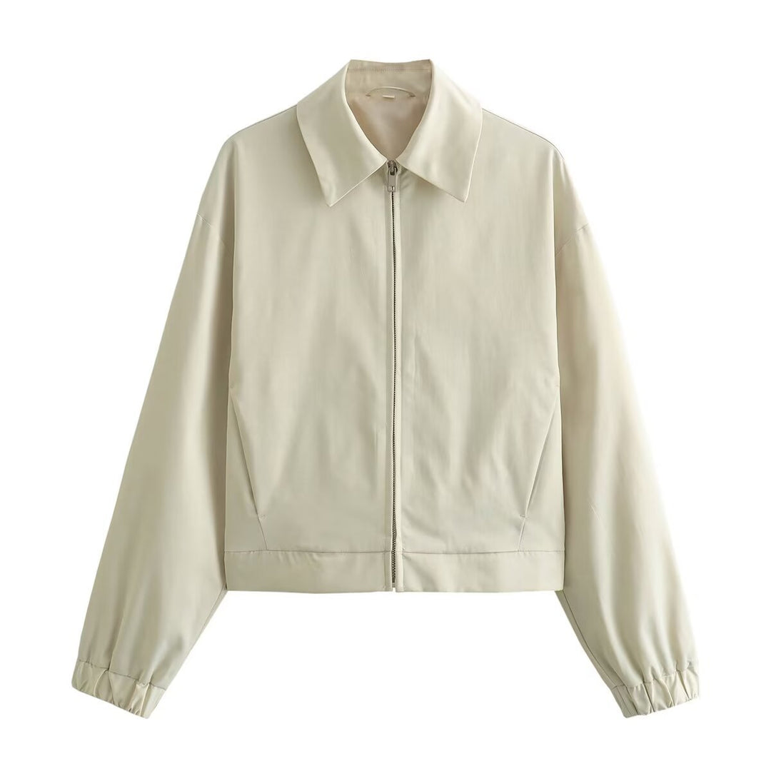 Damen leichte Oversize-Blousonjacke mit durchgehendem Reißverschluss, Hemdkragen und elastischen Ärmelbündchen – Célinea