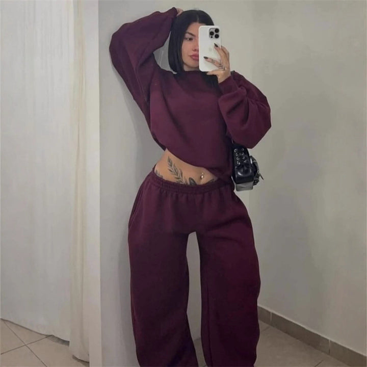 Damen Cropped-Sweatshirt mit hohem Rundhalsausschnitt und elastischer Tunnelzug Wide-Leg Jogginghose Set – Avérine