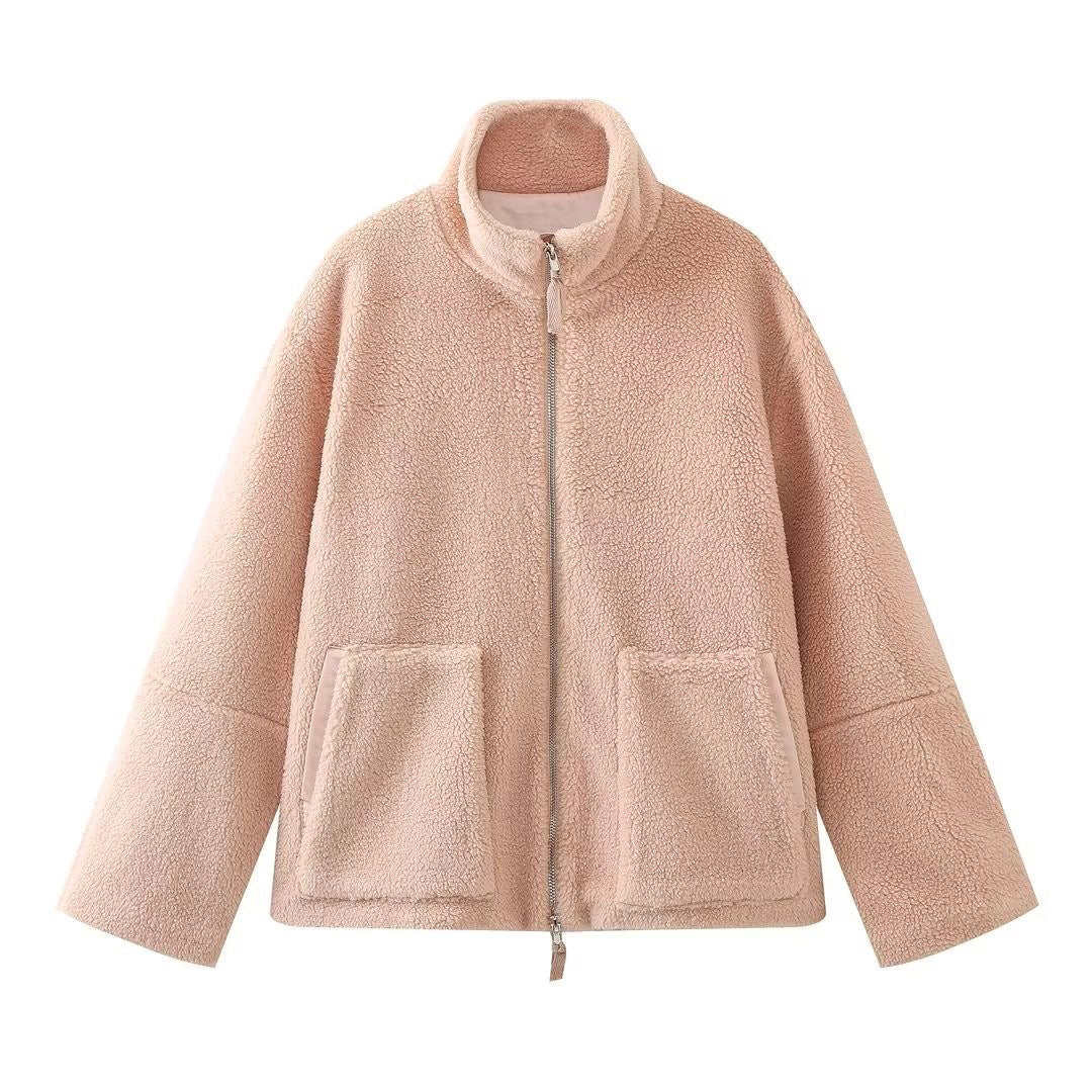 Damen Oversize Teddy-Fleecejacke mit Stehkragen und aufgesetzten Taschen – Célinea