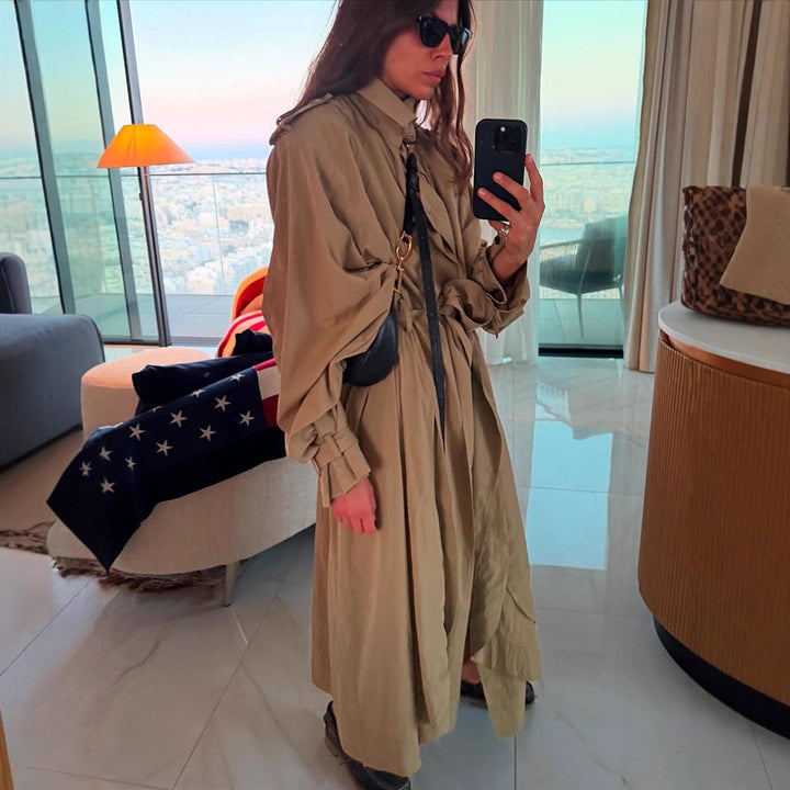 Damen Oversize-Trenchcoat mit voluminösen Ballonärmeln, Kordelzug und abnehmbarer Kapuze Echoarchiv