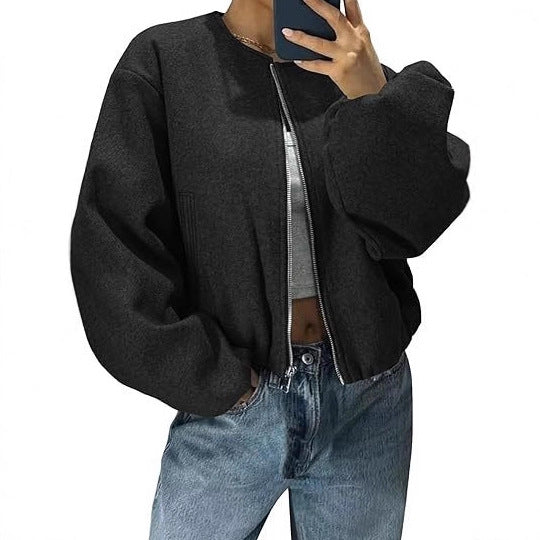 Damen Kurzjacke mit durchgehendem Reißverschluss, Ballonärmeln und elastischem Saum Echoarchiv